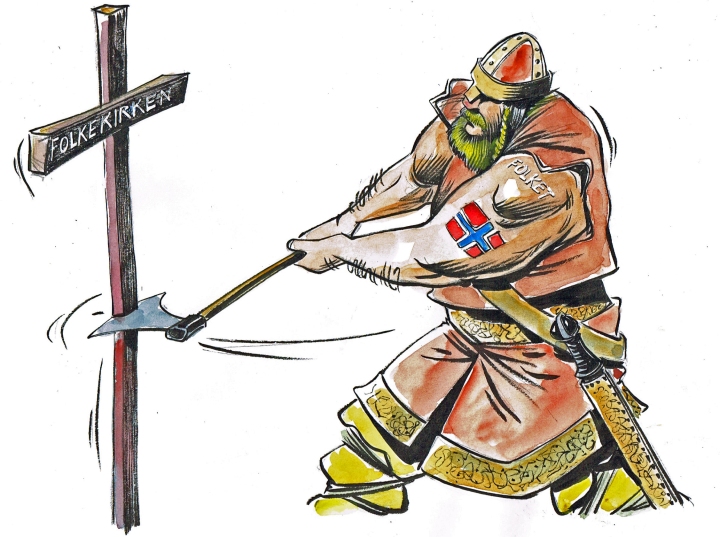 On the cross: (Norwegian) People's Church. Illustration Ole Johnny Hansen for afroginthefjord.com
